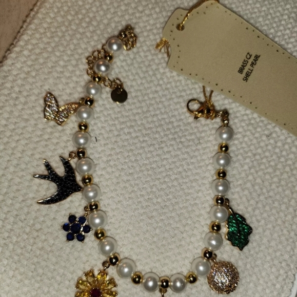 Charm Cz Brass Charm Pearl Bracelet NEW - Picture 2 of 3